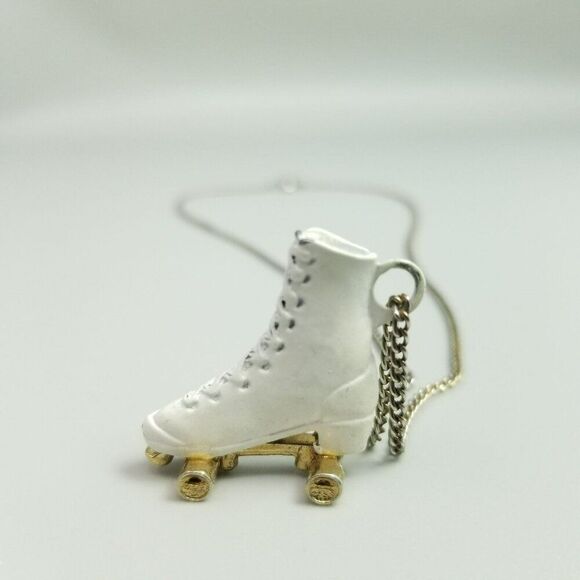 Vintage Roller Skate Pendant Necklace, White Enamel, Retro Style, Estate - Picture 2 of 9